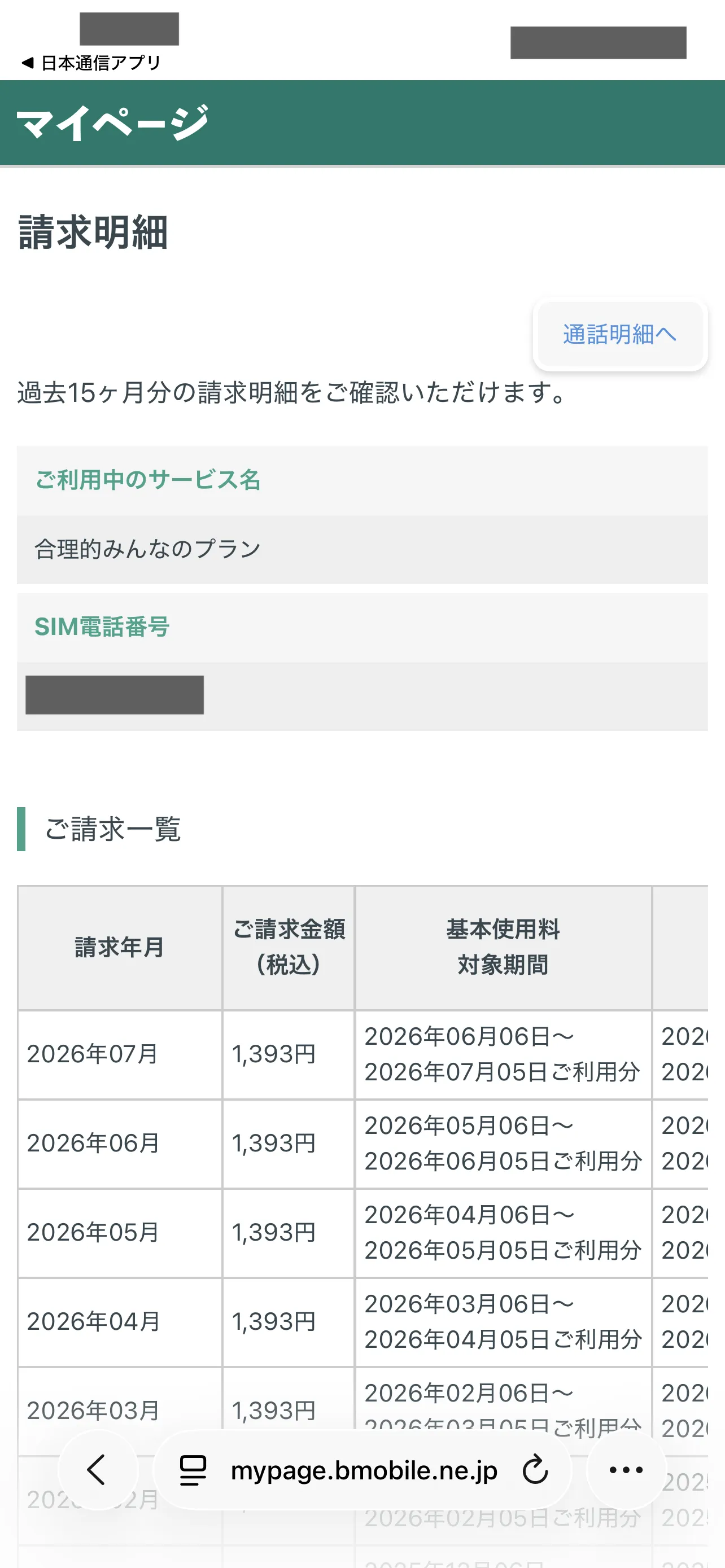 日本通信SIMのマイページで父の月額1,393円が5か月続く請求明細