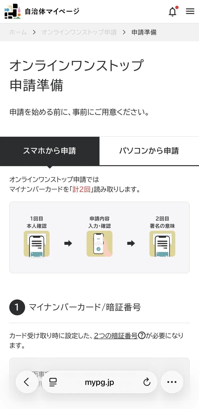 自治体マイページの申請準備画面。マイナンバーカードを計2回読み取る（1回目本人確認・2回目署名）と図で説明されている